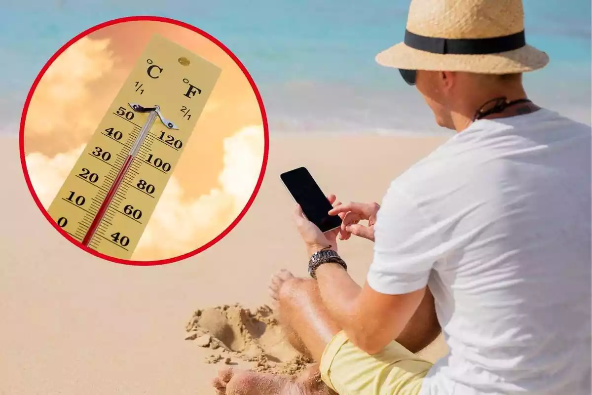 Muntatge amb un home d'esquena assegut a la platja mirant el mòbil i un cercle amb un termòmetre marcant temperatures altes Muntatge amb un home d'esquena assegut a la platja mirant el mòbil i un cercle amb un termòmetre marcant temperatures altes