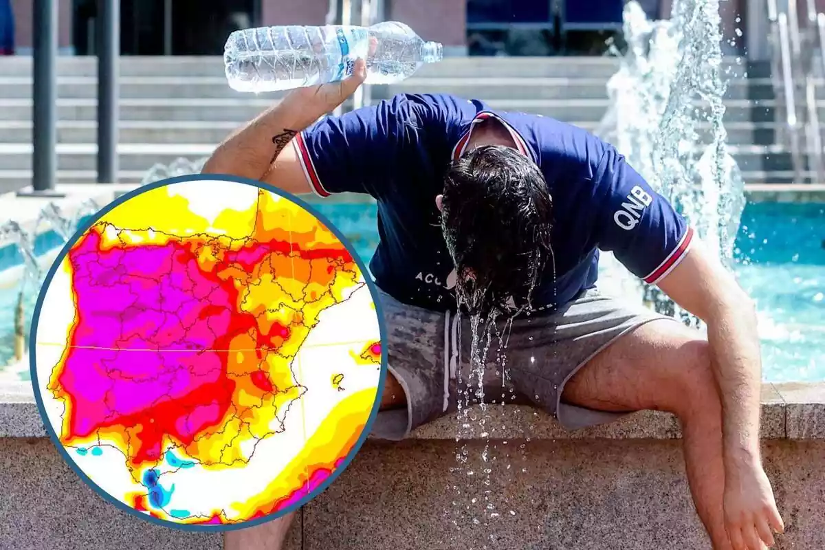 Muntatge amb un home llençant-se l'aigua d'una ampolla al cap i un cercle amb el mapa de temperatures de l'AEMET