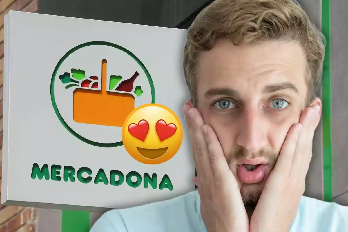 Un home sorprès davant d'un cartell de supermercat amb un emoji d'ulls de cor.