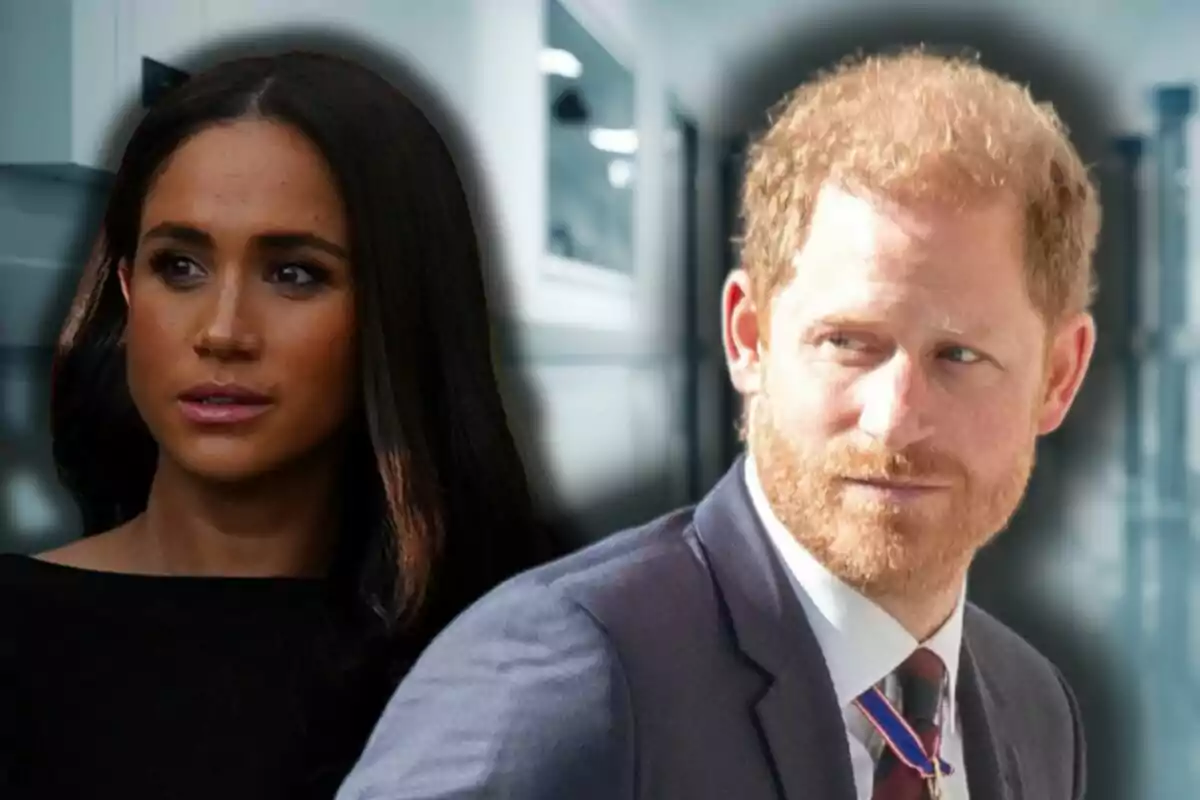 Meghan Markle and Prince Harry appear together in the foreground with a blurred background.
