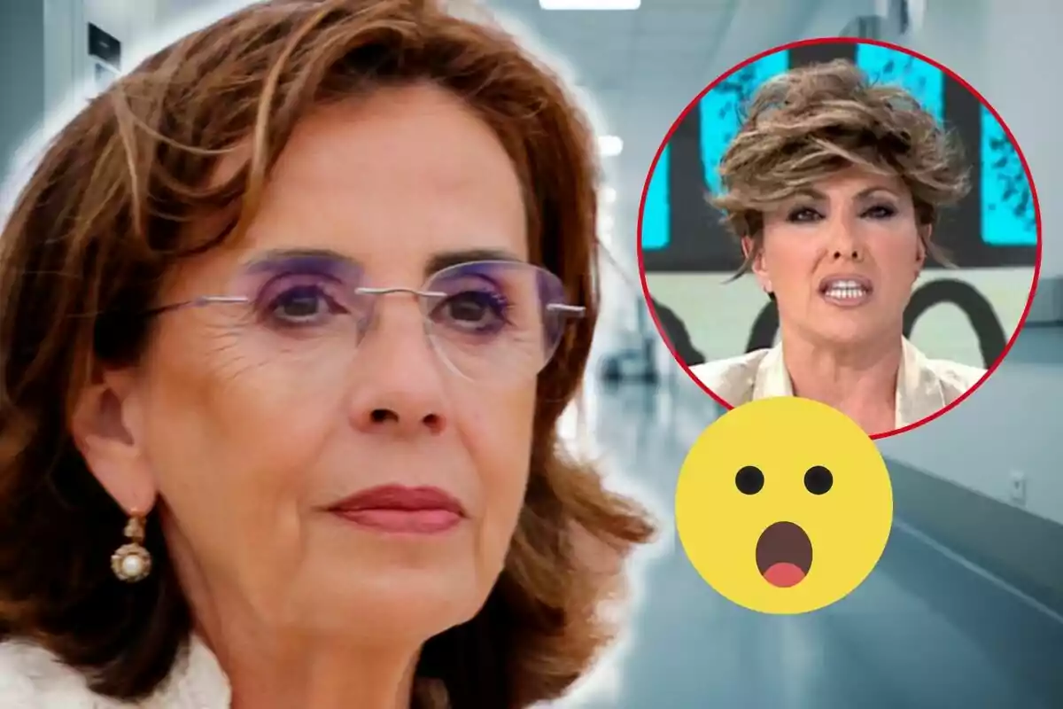 Mercedes Bernal amb ulleres i expressió seriosa apareix en primer pla mentre en un cercle vermell es mostra Sonsoles Ónega amb expressió sorpresa i un emoji de sorpresa.