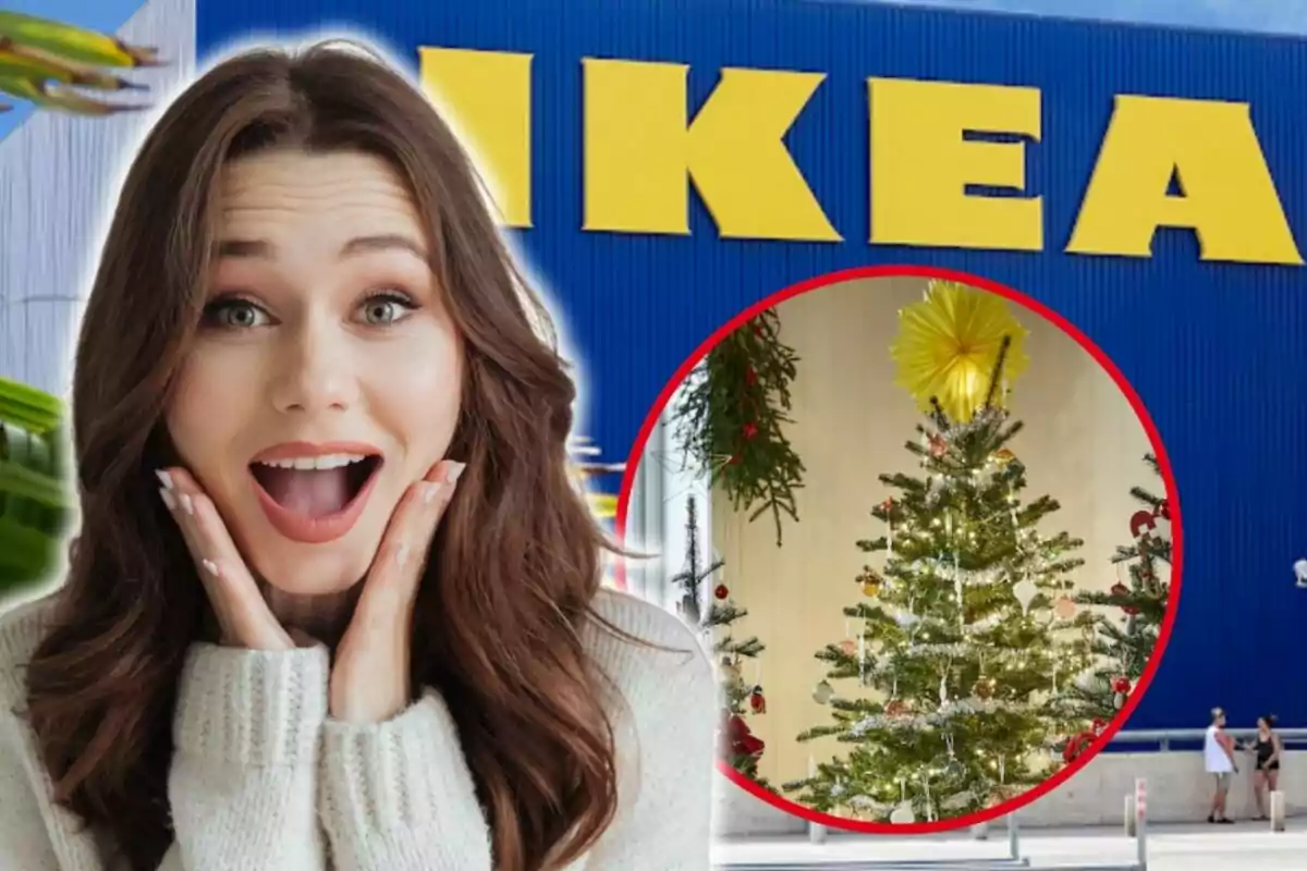 Una dona emocionada davant d'una botiga d'IKEA amb un arbre de Nadal decorat en un cercle vermell superposat.