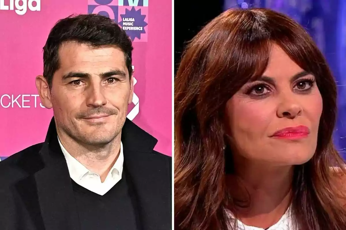 Iker Casillas y María José Suárez en un evento, una con fondo rosa y otra en un entorno iluminado.