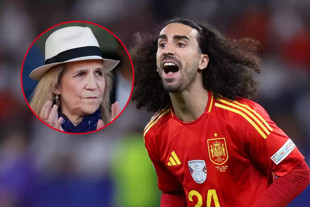 Marc Cucurella amb la samarreta de la selecció espanyola crida amb emoció mentre que la Infanta Elena amb barret blanc aplaudeix en un requadre.