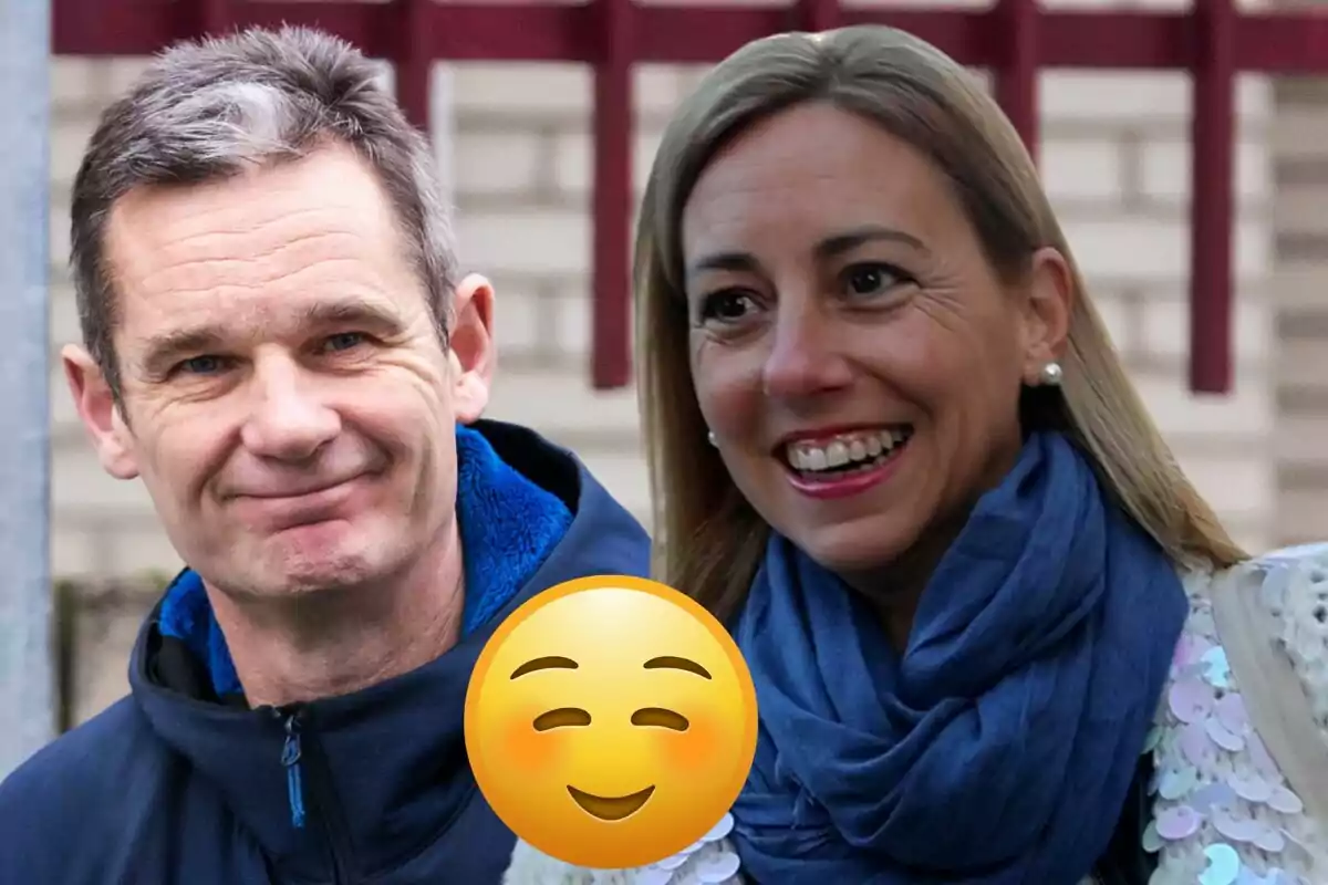 Iñaki Urdangarin i Ainhoa Armentia somrients amb un emoji de cara somrient al centre.