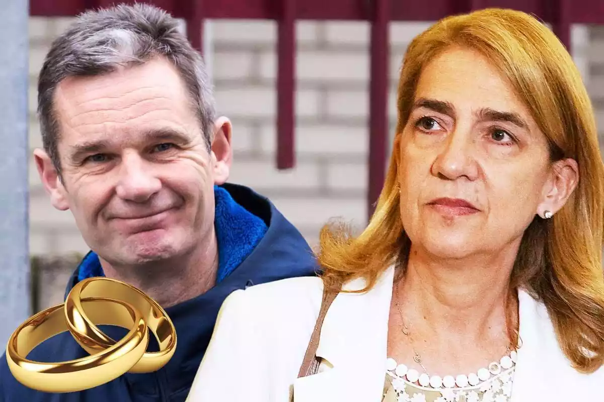 Muntatge d'Iñaki Urdangarin somrient amb una jaqueta blava, la infanta Cristina seria vestida de blanc i uns anells de casament