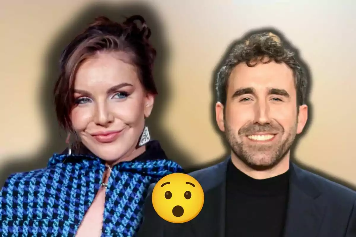 Inés Hernand i Aitor Albizua somriuen davant d'un fons difuminat amb un emoji sorprès al centre.