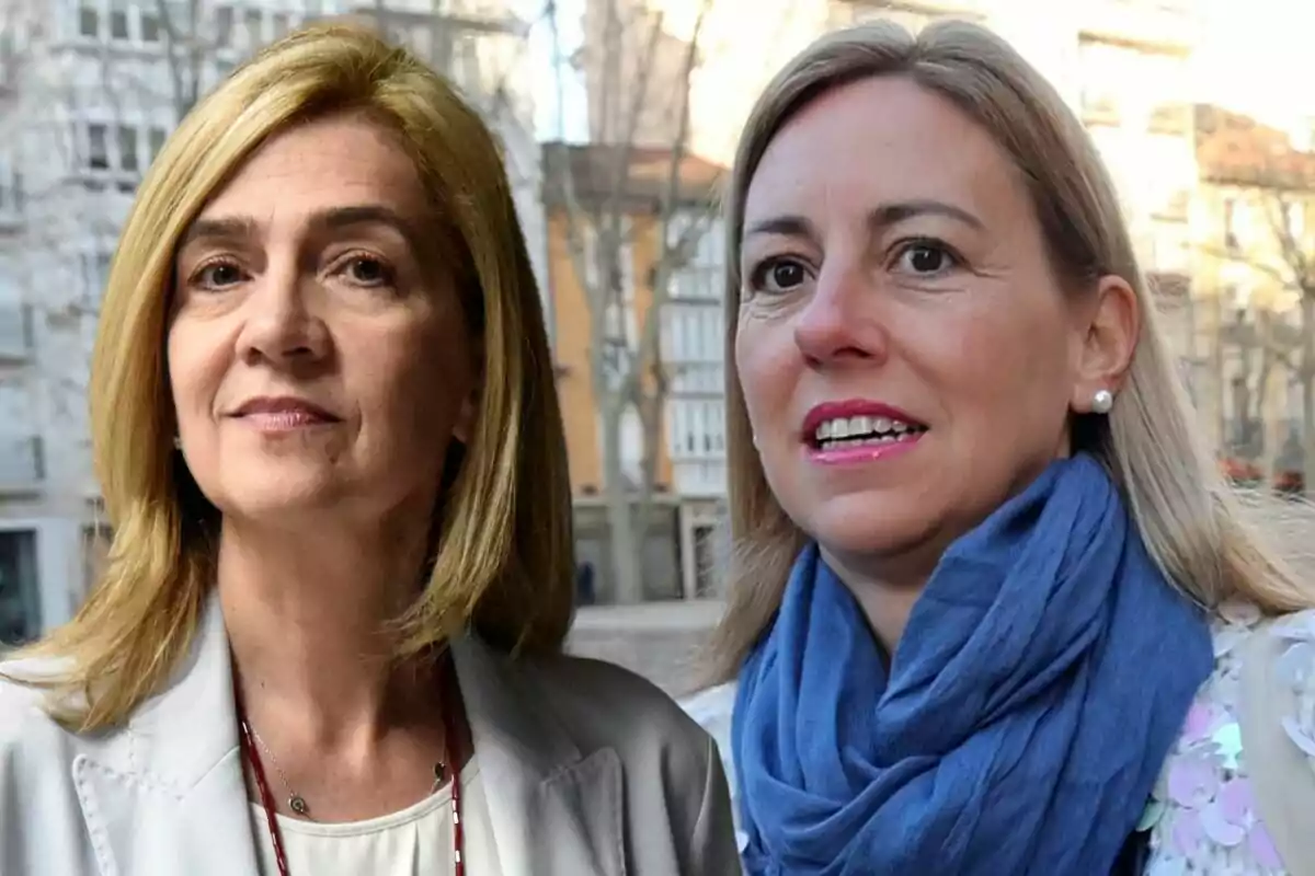 La infanta Cristina i Ainhoa Armentia posen a l'aire lliure, una porta una jaqueta grisa i l'altra una bufanda blava.