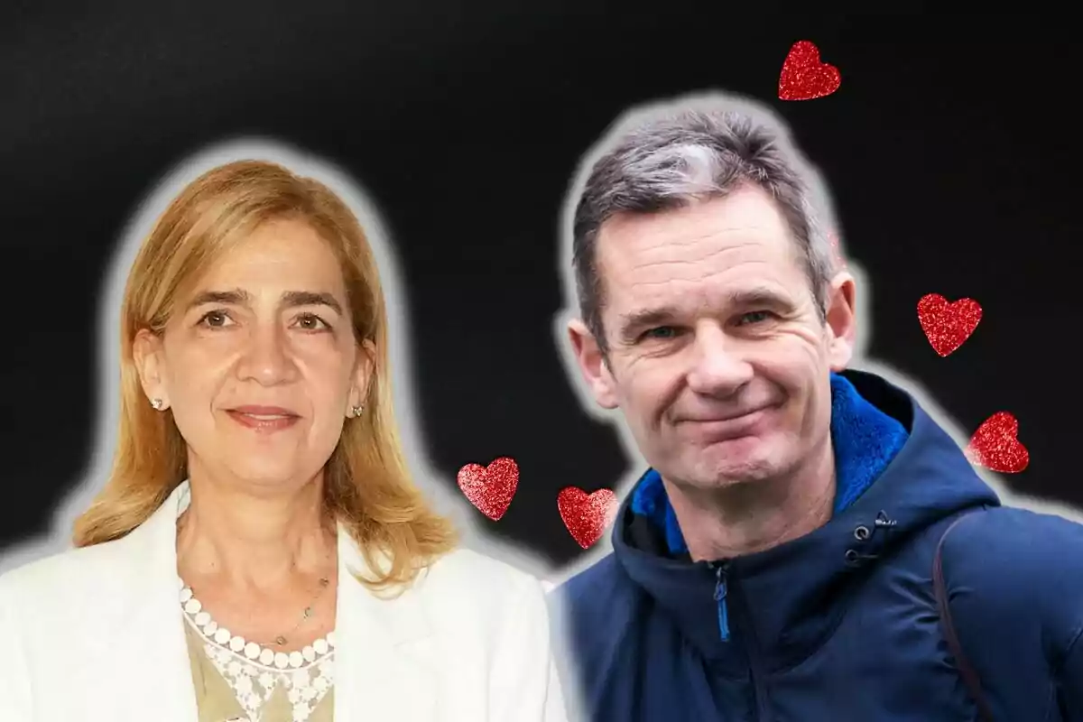 La infanta Cristina i Iñaki Urdangarin posen juntes amb un fons negre decorat amb cors vermells.