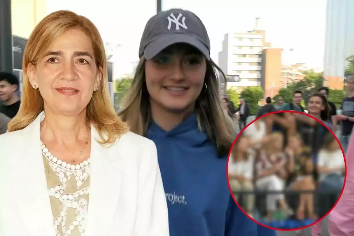 La infanta Cristina amb jaqueta blanca i Johanna Zott amb gorra de beisbol i dessuadora blava, amb una imatge borrosa en un cercle vermell a la cantonada inferior dreta.