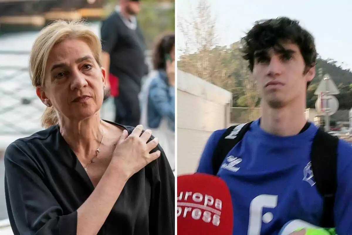 La infanta Cristina amb cabell ros i expressió seriosa és a l'esquerra, mentre que a la dreta hi ha Pablo Urdangarin amb samarreta blava i motxilla, davant de diversos micròfons. La infanta Cristina amb cabell ros i expressió seriosa és a l'esquerra, mentre que a la dreta hi ha Pablo Urdangarin amb samarreta blava i motxilla, davant de diversos micròfons.