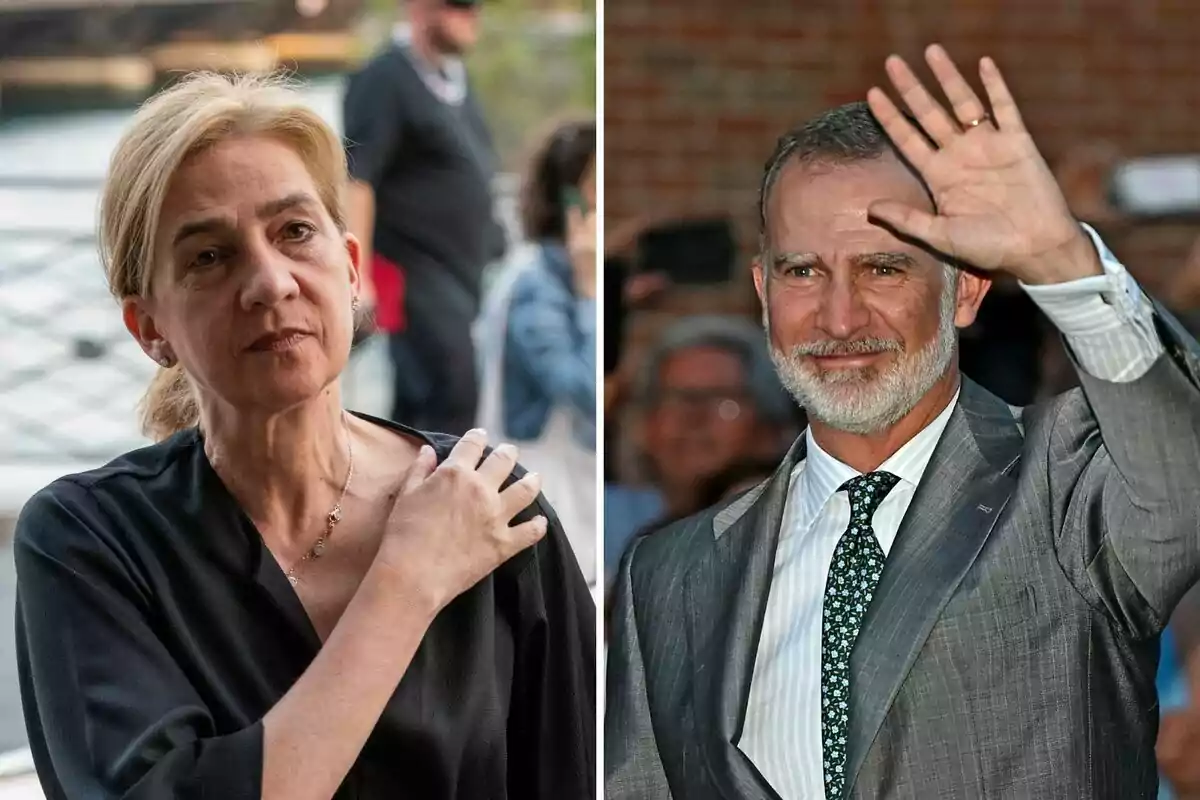 Montage of the serious Infanta Cristina with her hair up, her hand on her shoulder and a black blouse and Felipe VI smiling while saluting in a gray suit and black and blue tie Montage of the serious Infanta Cristina with her hair up, her hand on her shoulder and a black blouse and Felipe VI smiling while saluting in a gray suit and black and blue tie