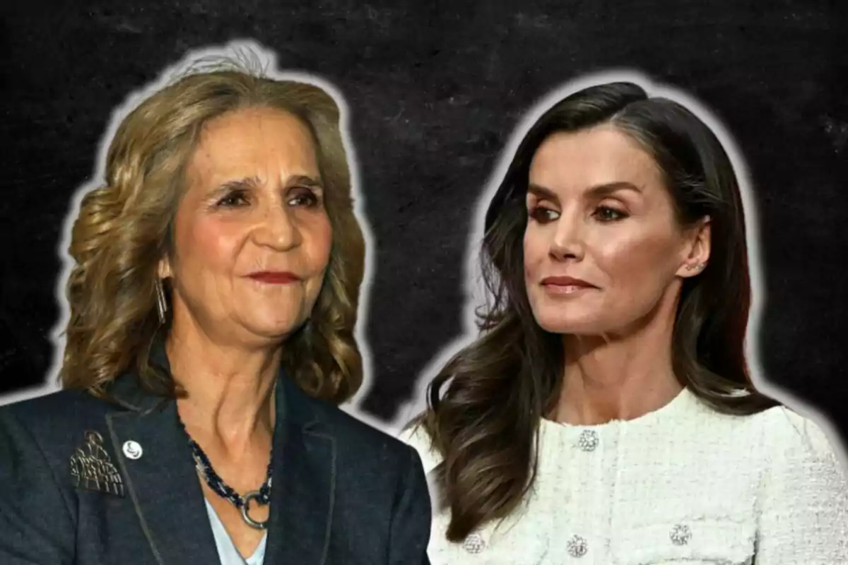 La infanta Elena i la reina Letícia posen davant d’un fons fosc, una porta una jaqueta blava i l’altra un conjunt blanc.