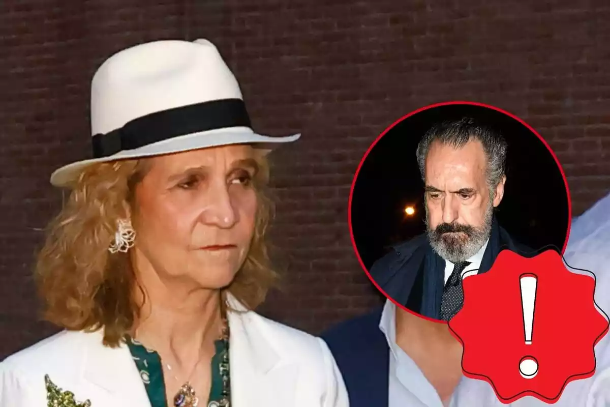 Muntatge de la infanta Elena seria mirant de banda amb un barret blanc, Jaime de Marichalar seriós mirant a baix en vestit negre i una exclamació