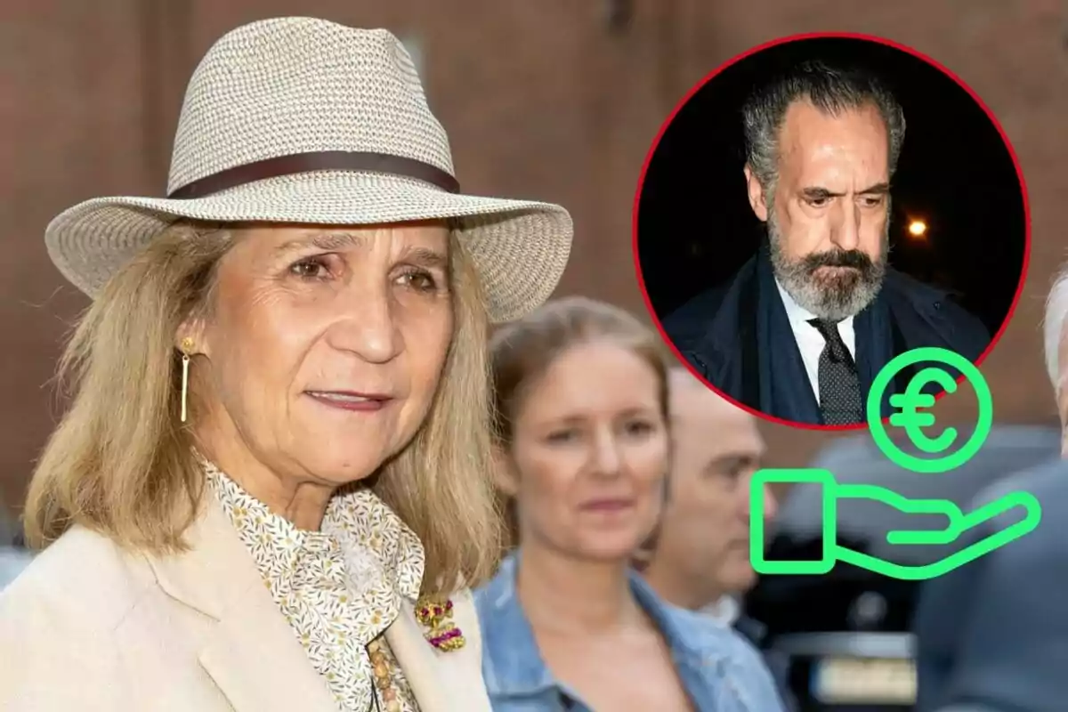 La infanta Elena amb barret clar i jaqueta beix, amb un cercle vermell que mostra Jaume de Marichalar de barba i vestit, al costat d'una icona de mà amb símbol d'euro.