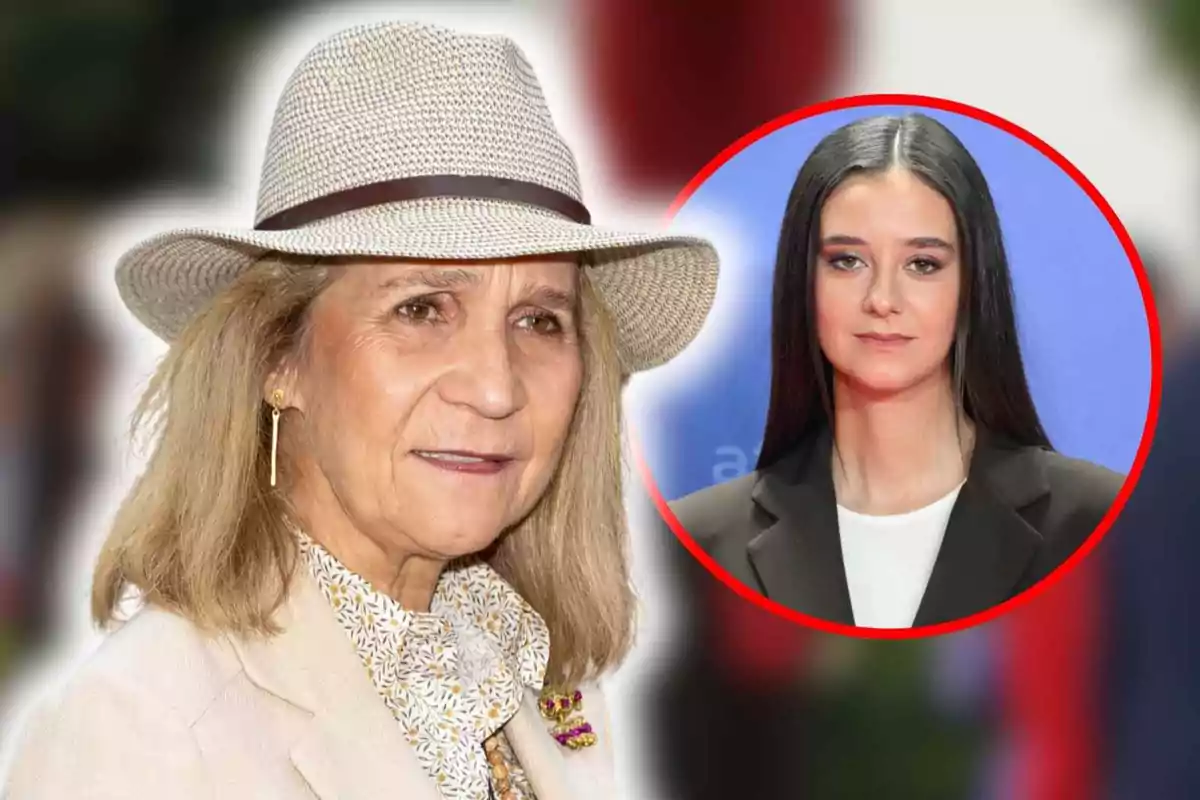 La infanta Elena amb barret i Victoria Federica jove en un cercle vermell sobre un fons blau.