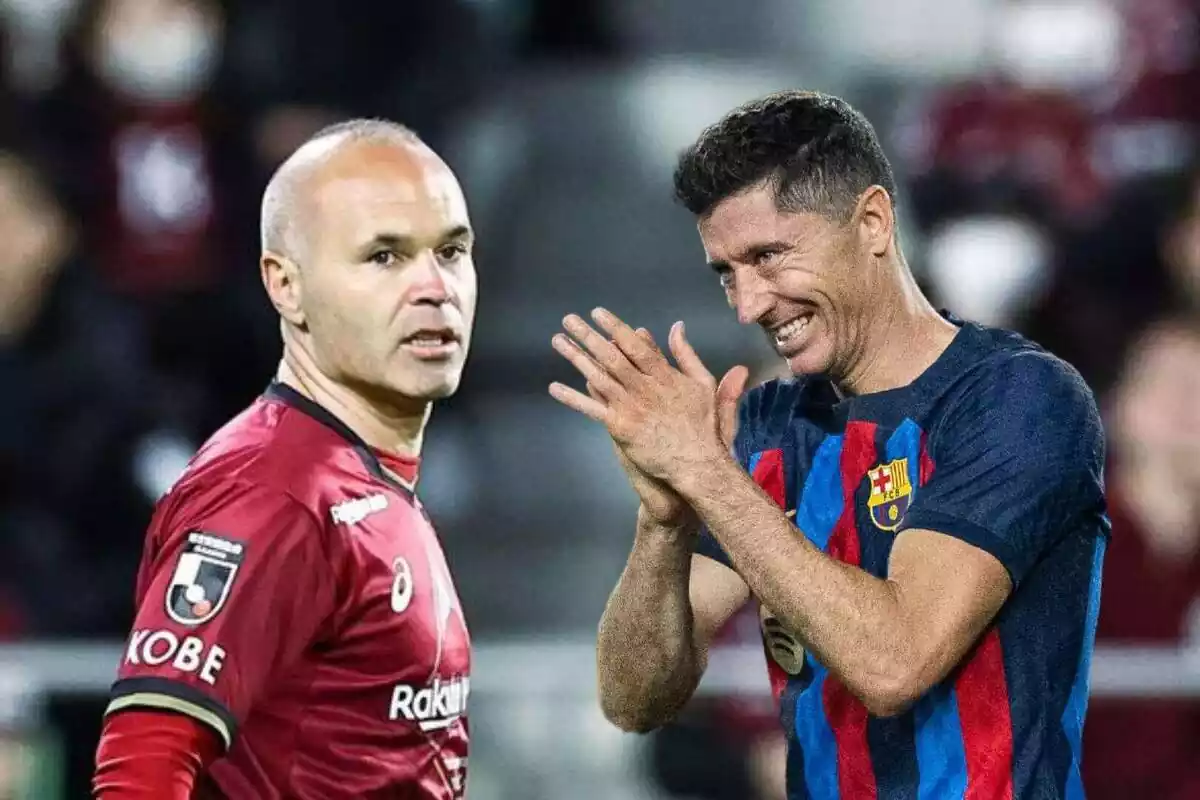 Muntatge d'Iniesta i Lewandowski mirant-se en pla mig curt