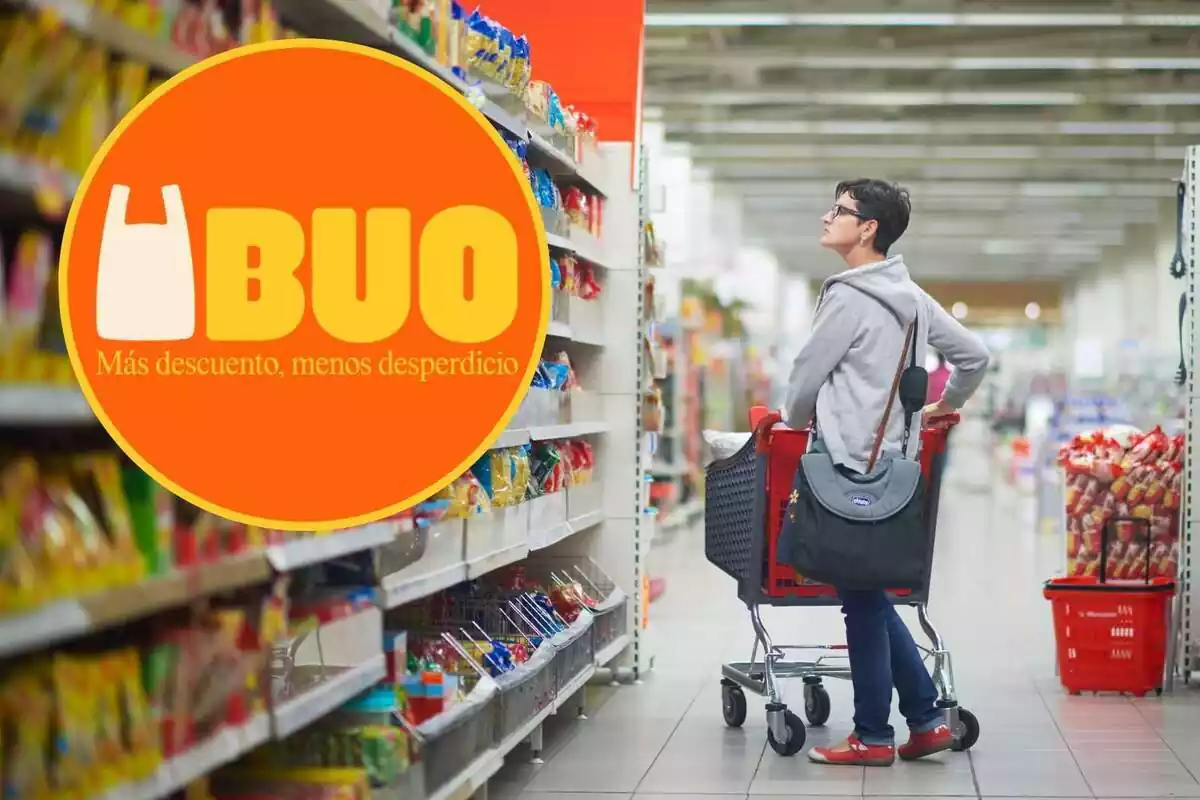 Muntatge amb una dona comprant a un supermercat i un cercle amb el logo de Buo