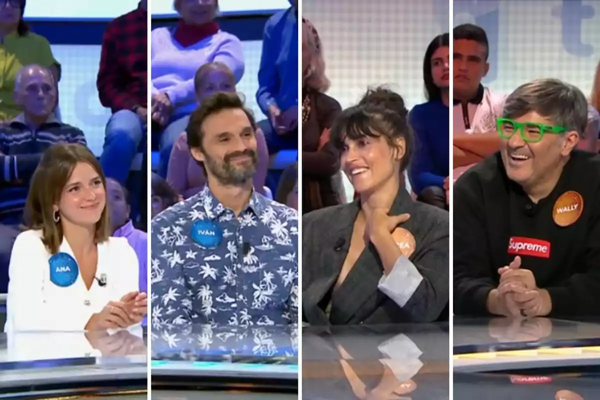 Ana Jara, Iván Sánchez, Nerea Barros i Wally López assegudes a 'Pasapalabra', cadascuna amb una etiqueta amb el seu nom, envoltades d'una audiència. Ana Jara, Iván Sánchez, Nerea Barros i Wally López assegudes a 'Pasapalabra', cadascuna amb una etiqueta amb el seu nom, envoltades d'una audiència.