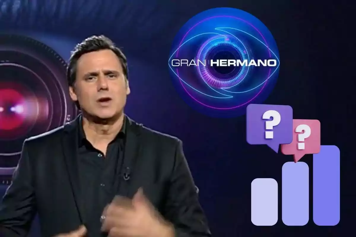 Ion Aramendi parlant davant d'un gràfic de barres i el logotip d'un programa anomenat "Gran Hermano".