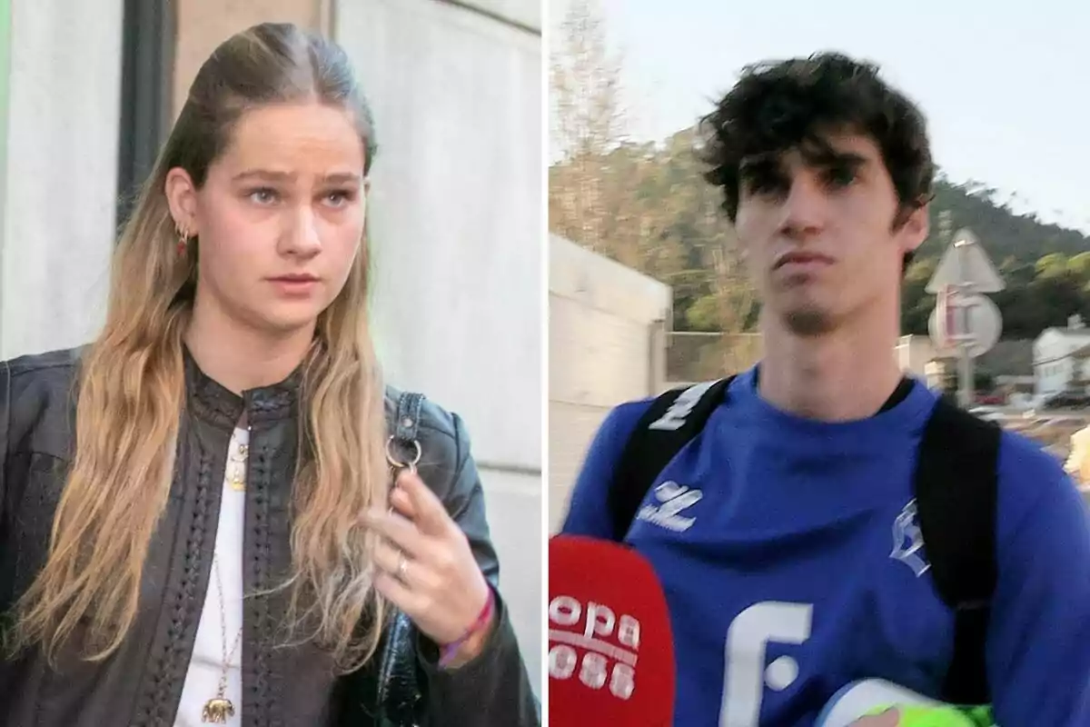 Muntatge d'Irene Urdangarin seriós amb una caçadora marró i Pablo Urdangarin seriós amb un jersei blau i la motxilla a l'esquena