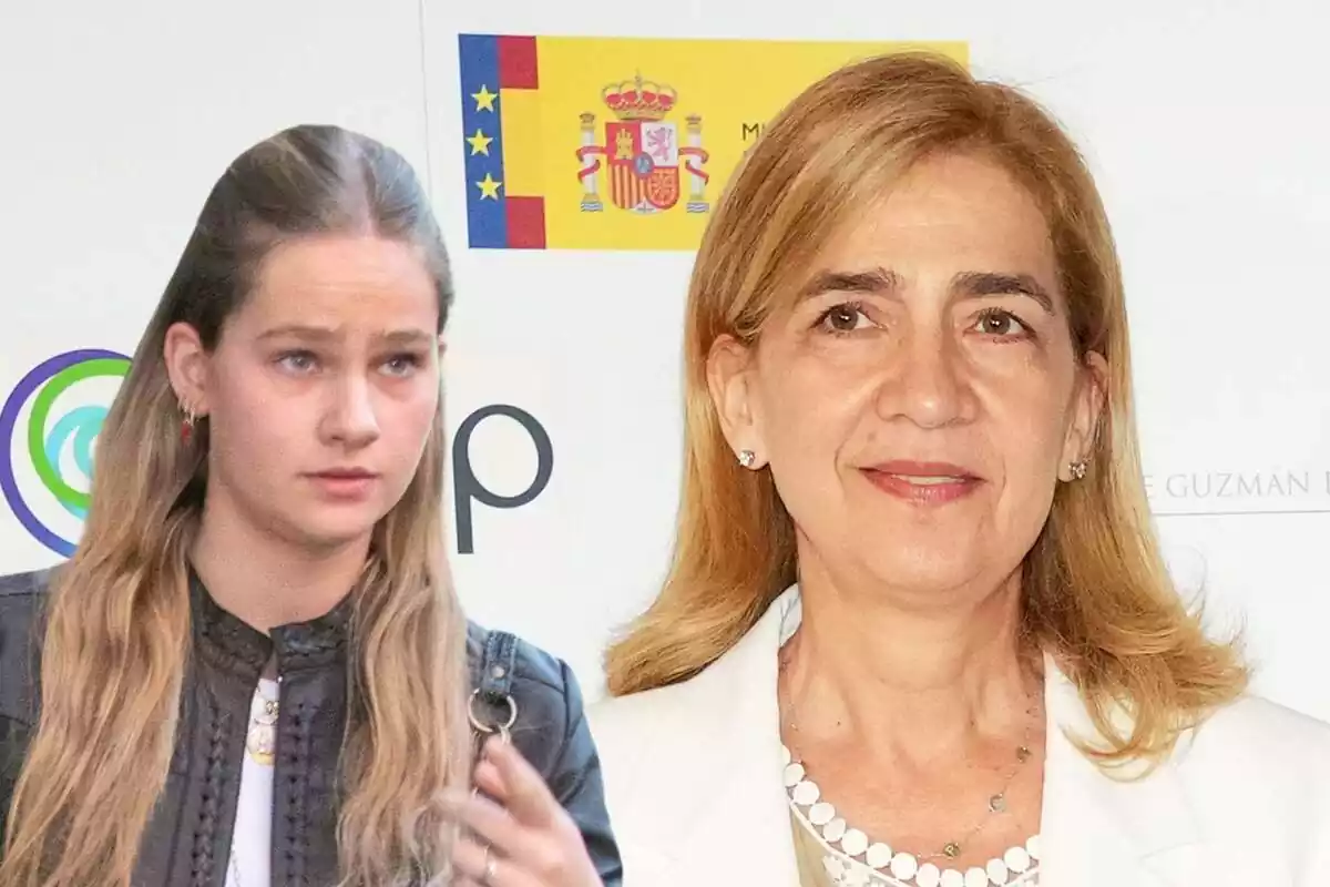 Muntatge amb Irene Urdangarin amb els cabells mig recollits i la infanta Cristina somrient