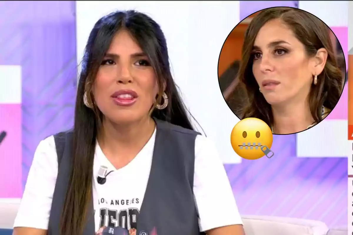 Dona parlant en un programa de televisió amb un requadre que mostra una altra dona i un emoji de boca tancada amb cremallera.