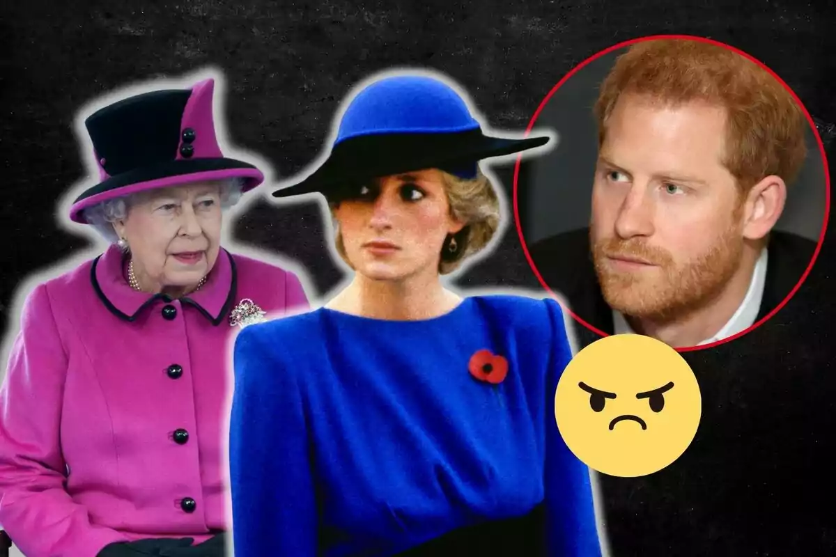La reina Isabel II, Lady Di i el príncep Harry amb vestits formals i un emoji d'enfadament sobre un fons fosc.