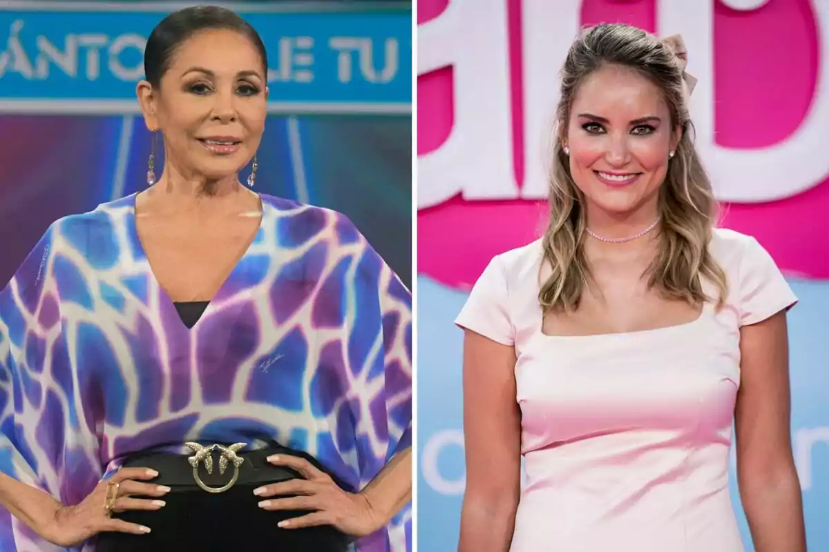 Isabel Pantoja i Alba Carrillo posant en un esdeveniment, una porta un vestit amb estampat blau i morat i l'altra un vestit rosa clar. Isabel Pantoja i Alba Carrillo posant en un esdeveniment, una porta un vestit amb estampat blau i morat i l'altra un vestit rosa clar.