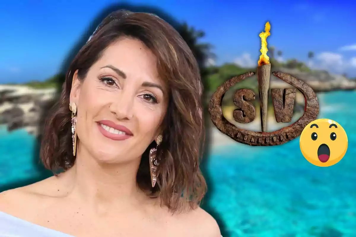 Nagore Robles somrient amb cabell castany i arracades llargues davant d'un fons de platja amb un logotip de "SV" i un emoji sorprès.