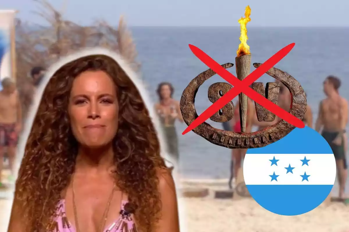 Muntatge de l'illa de 'Supervivientes', Laura Madrueño amb els llavis estrets, el logotip del programa amb una creu vermella a sobre i la bandera d'Hondures