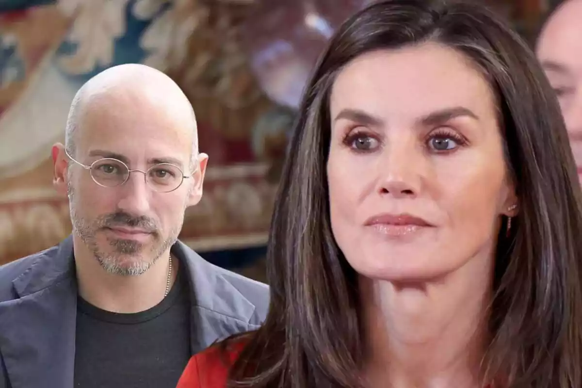 Muntatge de Jaime del Burgo amb una jaqueta grisa i Letizia seriosa amb la mirada fixa