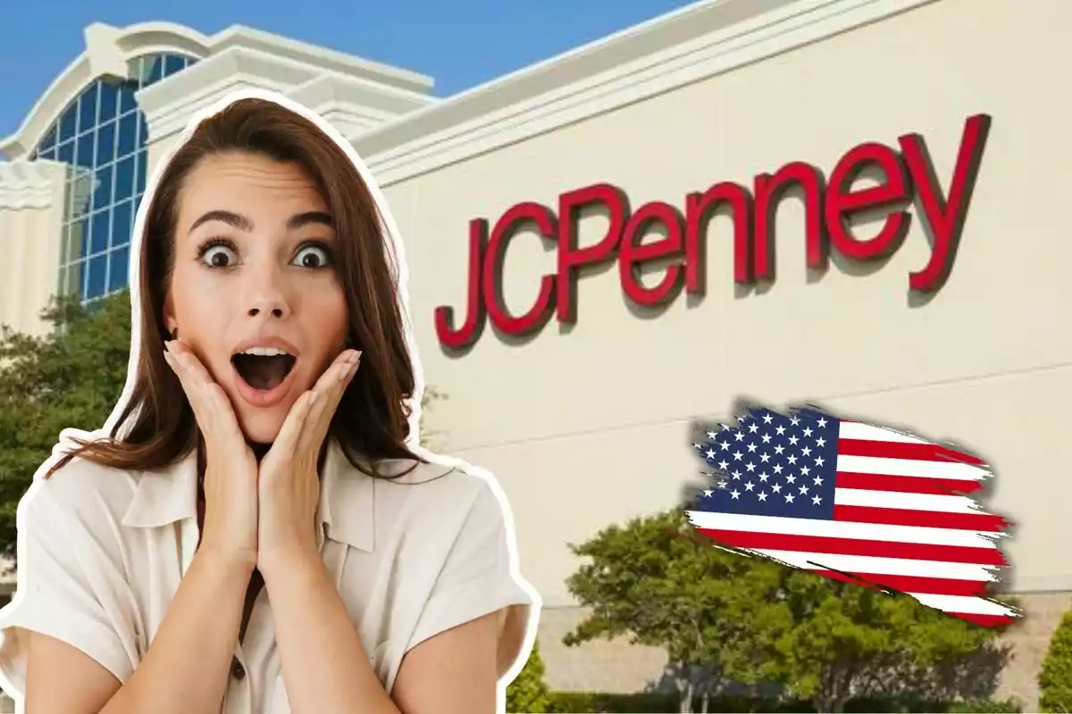 A woman with a surprised expression in front of a JCPenney building with a United States flag in the corner.