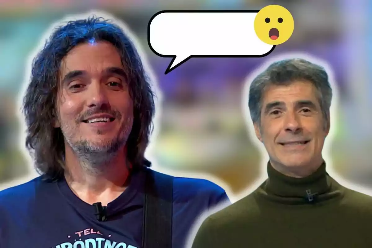 Joaquín Padilla i Jorge Fernández somriuen davant d'un fons colorit, amb un globus de diàleg buit i un emoji sorprès a sobre.