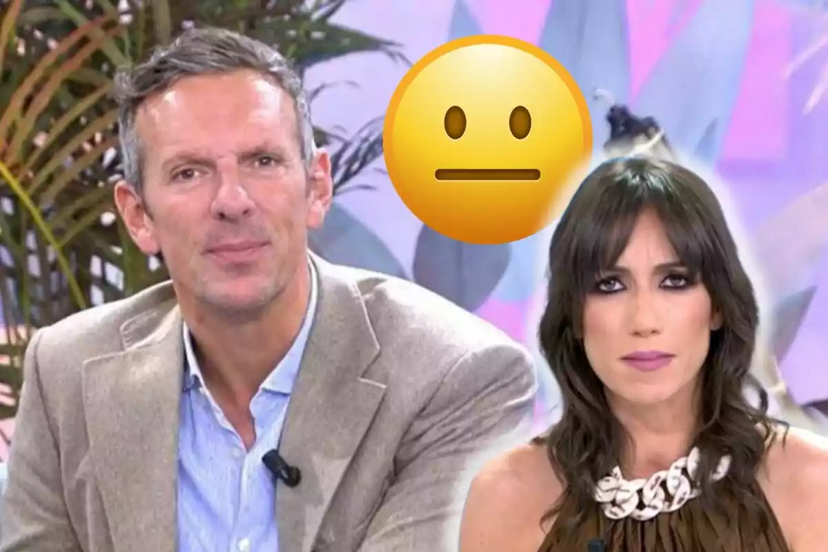 Joaquín Prat i Patricia Pardo en un set de televisió amb un emoji d?expressió neutral superposat.