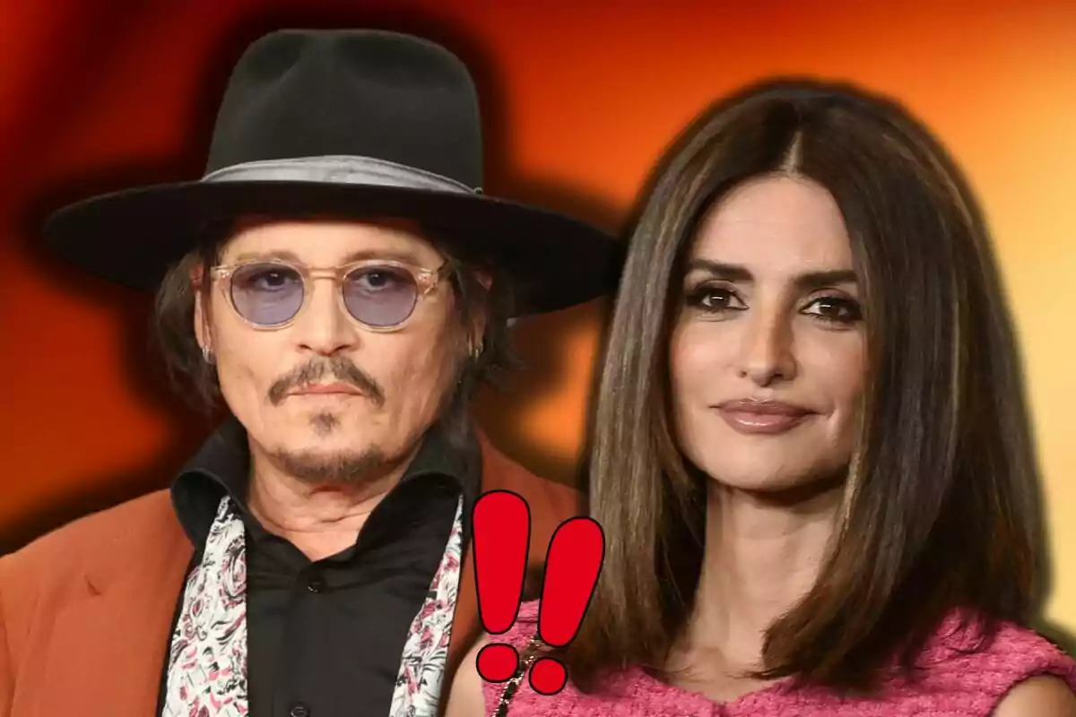 Johnny Depp and Penélope Cruz posing together with a gradient background and a red exclamation mark.