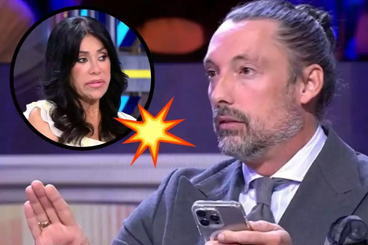 José Antonio León sosté un telèfon mentre mira endavant; en un requadre, Maite Galdeano apareix amb una expressió seriosa, i un gràfic d'explosió està superposat entre ells.