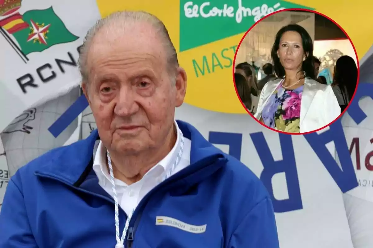 Joan Carles I amb jaqueta blava està en primer pla amb un fons de logotips i una imatge inserida de Marta Gayá en un cercle vermell.