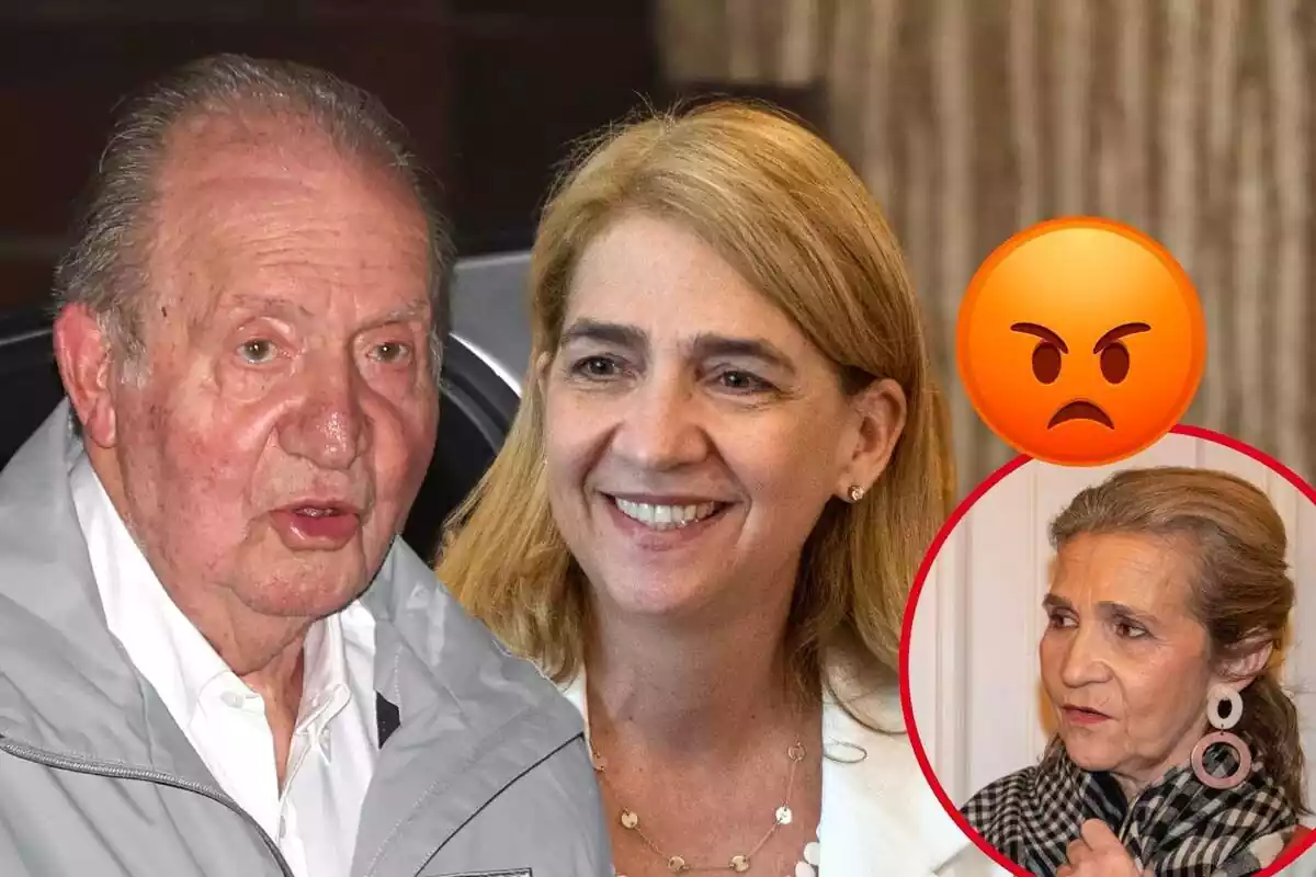 Muntatge de Joan Carles I amb rostre neutre i jaqueta grisa, la infanta Cristina somrient, la infanta Elena seria amb unes arracades llargues i un emoji enfadat