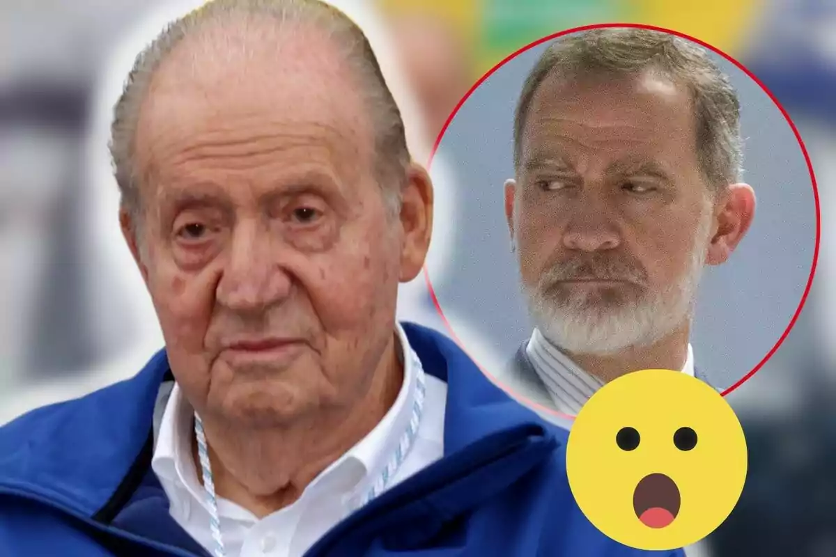 Joan Carles I amb expressió seriosa en primer pla i Felip VI amb barba en un cercle vermell al fons al costat d'un emoji sorprès.