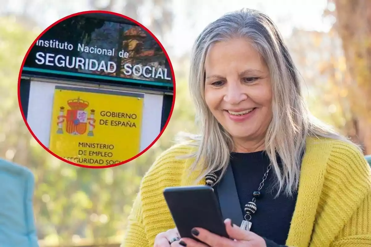 Una dona somrient amb cabell canós i suèter groc mira el telèfon mòbil a l'aire lliure. Un requadre mostra un cartell de l'Institut Nacional de Seguretat Social d'Espanya.