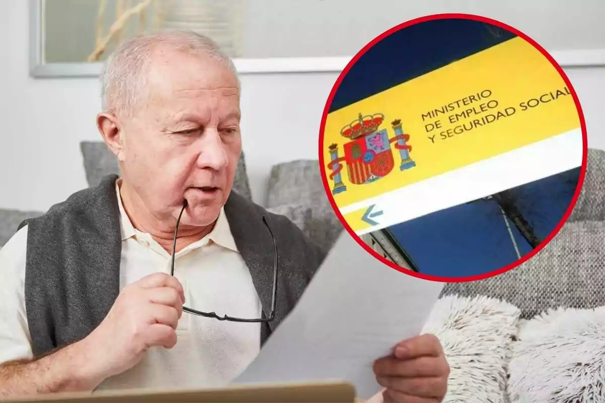 Un home gran llegint un document amb una imatge del Ministeri d?Ocupació i Seguretat Social d?Espanya en un cercle vermell.