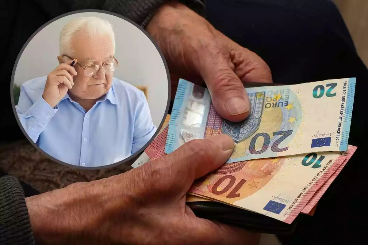 Muntatge amb les mans d'una persona gran subjectant bitllets d'euro i un cercle amb un jubilat amb cara de pensatiu