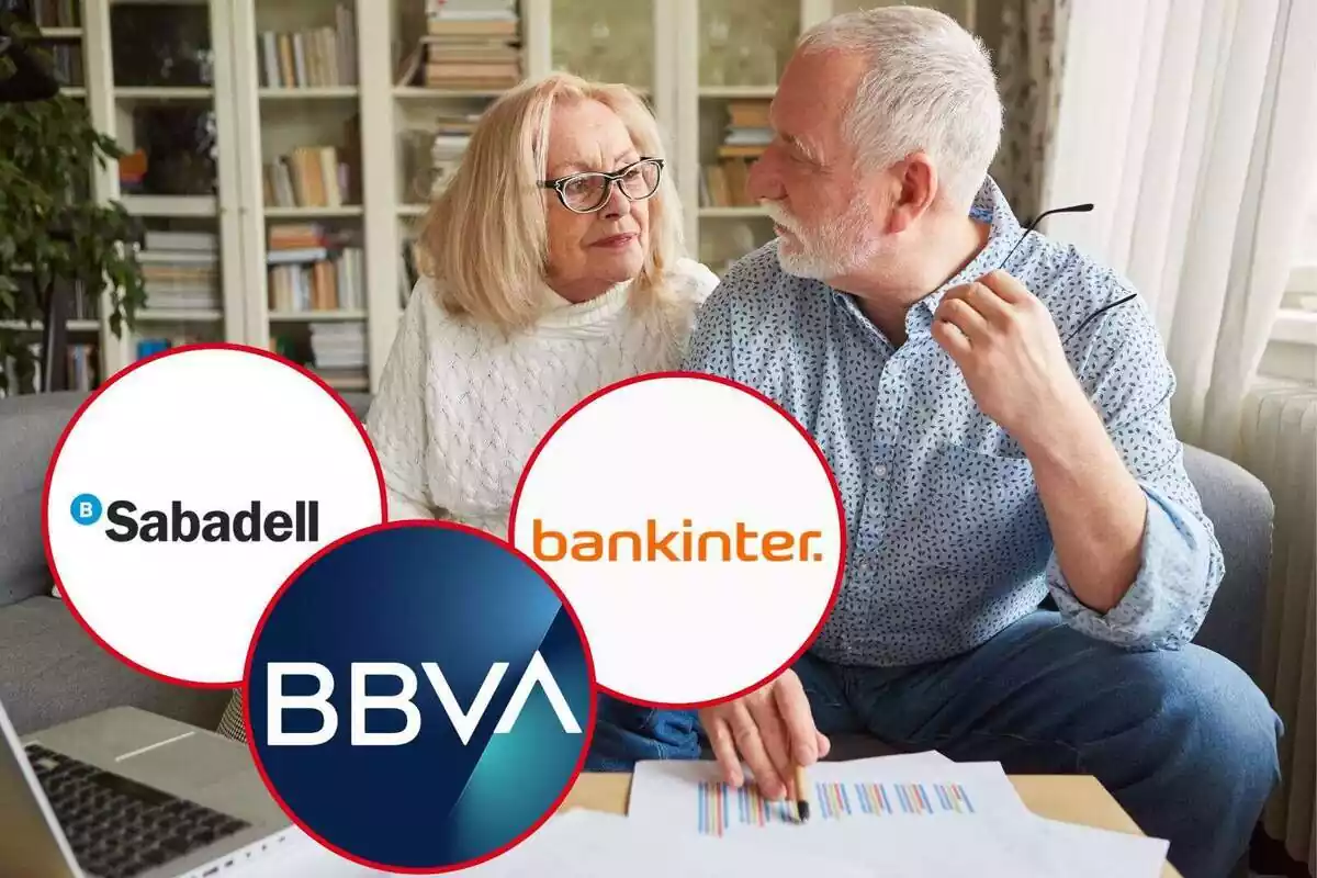 Muntatge de dues persones jubilades amb tres imatges de Bancs: Sabadell, BBVA i Bankinter