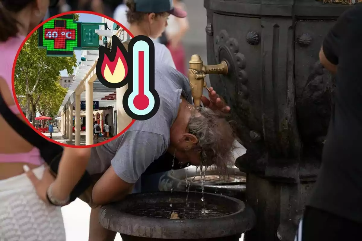 Un home es refresca en una font, i al cercle, un termòmetre marcant 40 graus