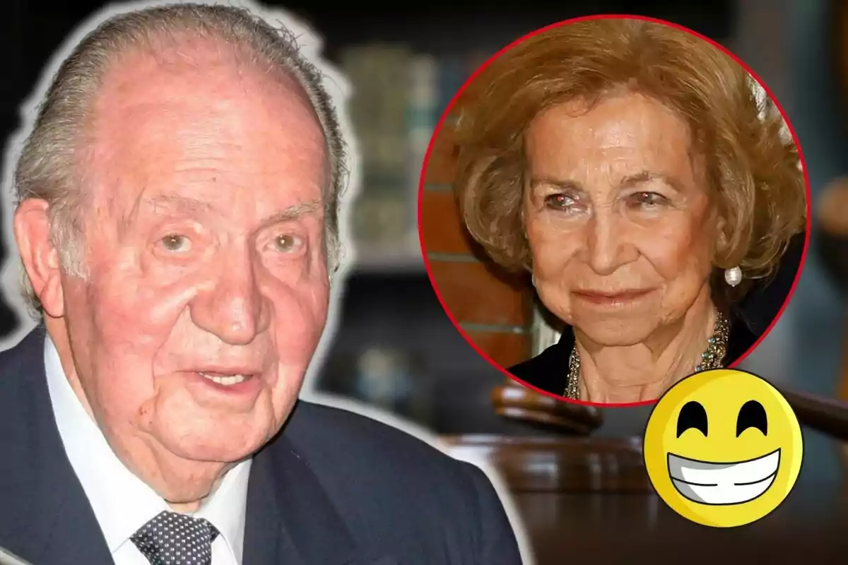 Joan Carles I i la reina Sofia en un muntatge fotogràfic amb un emoji somrient.