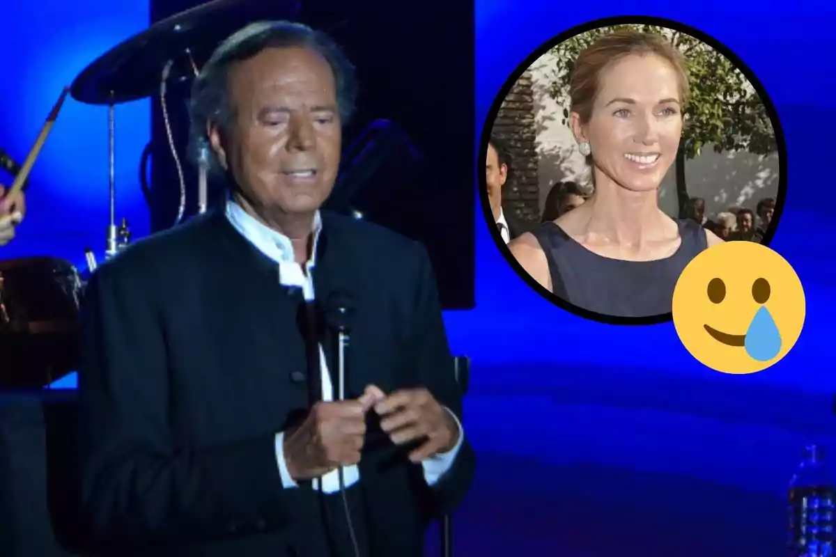 Julio Iglesias en un escenari amb un micròfon i una imatge inserida d?Miranda Rijnsburger somrient amb un emoji de cara feliç amb llàgrima.