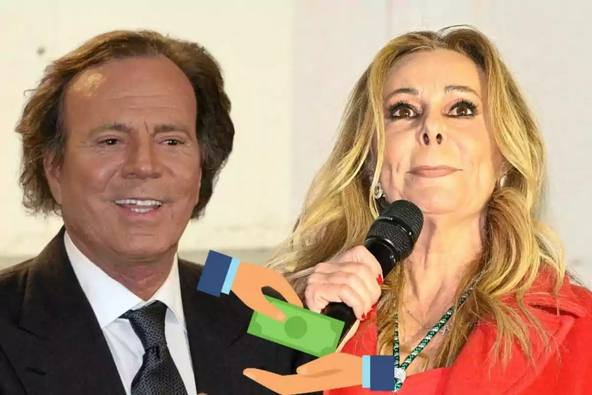 Julio Iglesias i Ana Obregónn, Ana sostenint un micròfon, amb una il·lustració de mans intercanviant diners superposats a la imatge.