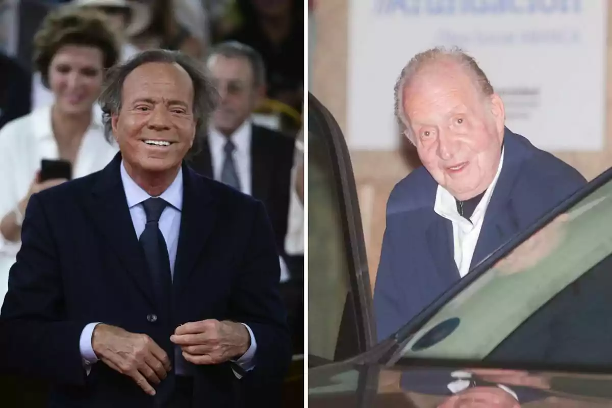 Julio Iglesias y Juan Carlos I vestidos con traje oscuro, uno de ellos sonriendo en un evento y el otro junto a un automóvil Julio Iglesias y Juan Carlos I vestidos con traje oscuro, uno de ellos sonriendo en un evento y el otro junto a un automóvil