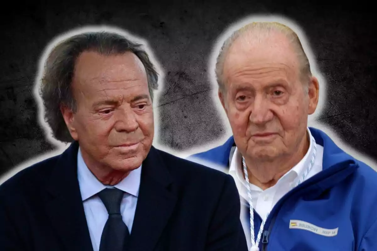 Julio Iglesias i Joan Carles I amb expressió seriosa apareixen en primer pla sobre un fons fosc difuminat. Julio Iglesias i Joan Carles I amb expressió seriosa apareixen en primer pla sobre un fons fosc difuminat.
